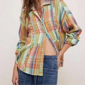 Free People Madras Striped Linen Button Down